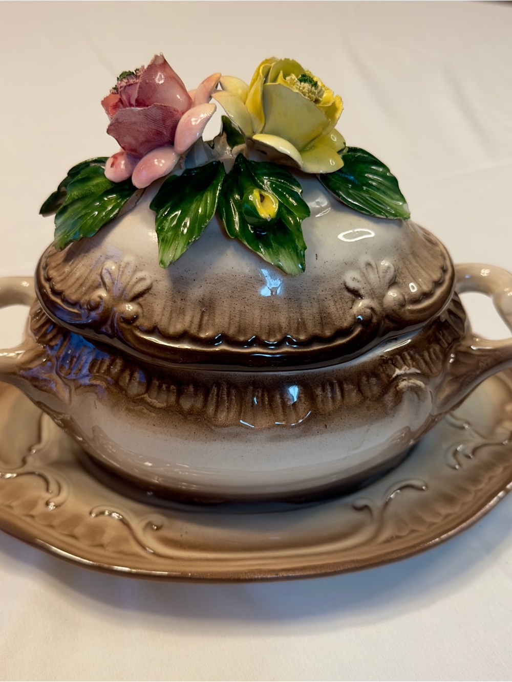 Vintage Italian Capodimonte Floral Soup Tureen Platter Set